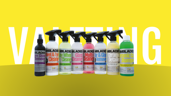 Rimblades® Branded collection  of valeting products on a bright yellow background