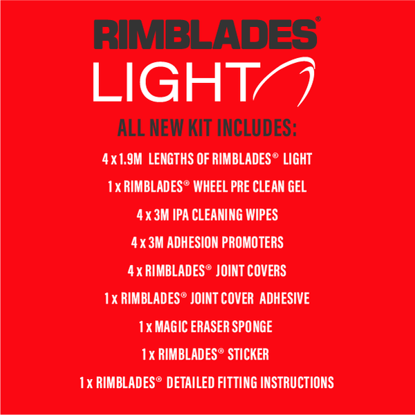 Rimblades® Light Alloy Wheel Rim Protectors Logo With list of product contents