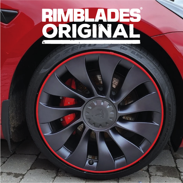 Rimblades® Original fitted to alloy wheel in red with white logo