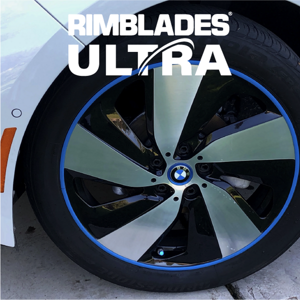 Rimblades® Ultra Alloy Wheel Rim Protectors Logo over wheel with blue product fitted