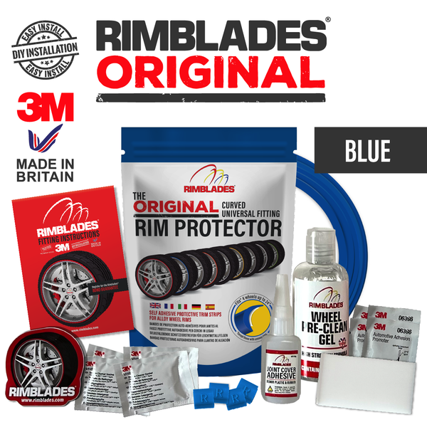 Rimblades® ORIGINAL Alloy Wheel Rim Protectors Packaging with Contents in Blue