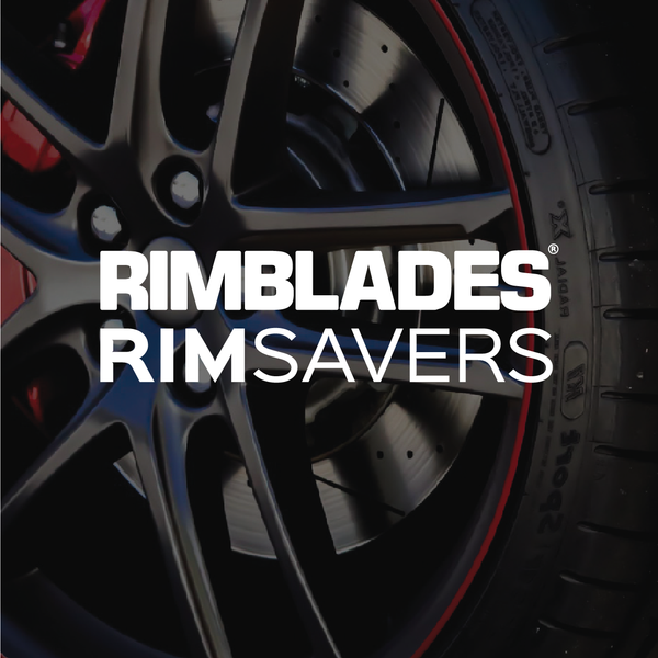 Rimblades Rimsavers logo over wheel image with red alloy wheel rim protector