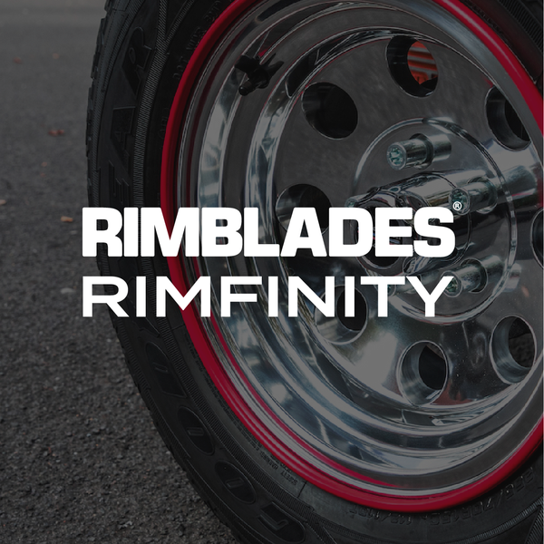 Rimblades® Rimfinity logo over wheel image with red alloy wheel rim protector